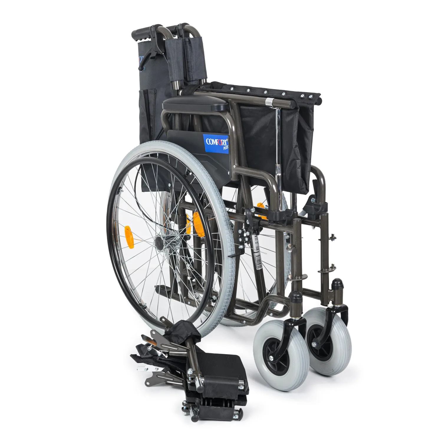 Comfort Plus DM-312 yan görünüm titanyum gri metalik güvenilir günlük manuel mobilite