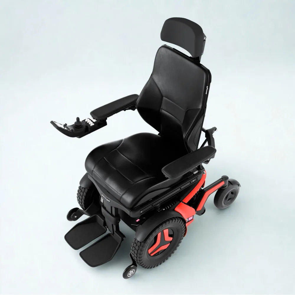 Permobil F3 Corpus elektrikli tekerlekli sandalye ön görünüm kompakt FWD