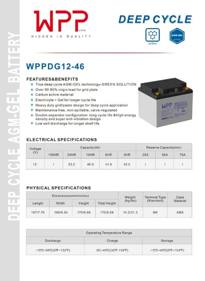 WPP WPPDG 12-46 jel derin döngü akü tekerlekli sandalye Mogel güvencesi