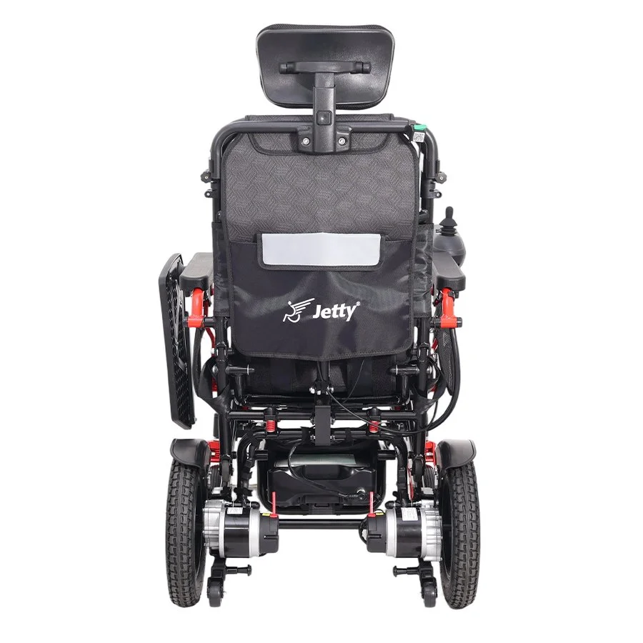 Jetty JT-310 akülü sandalye arkadan düz görünüm, sırt cebi ve motorlar