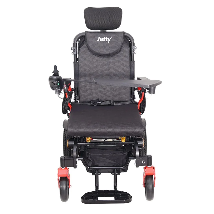 Jetty JT-310 akülü sandalye önden düz görünüm, oturak ve ayak basamakları