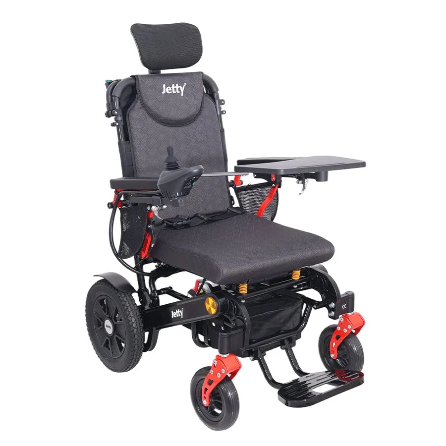 Jetty JT-310 akülü tekerlekli sandalye sağdan çapraz, joystick ve tepsi