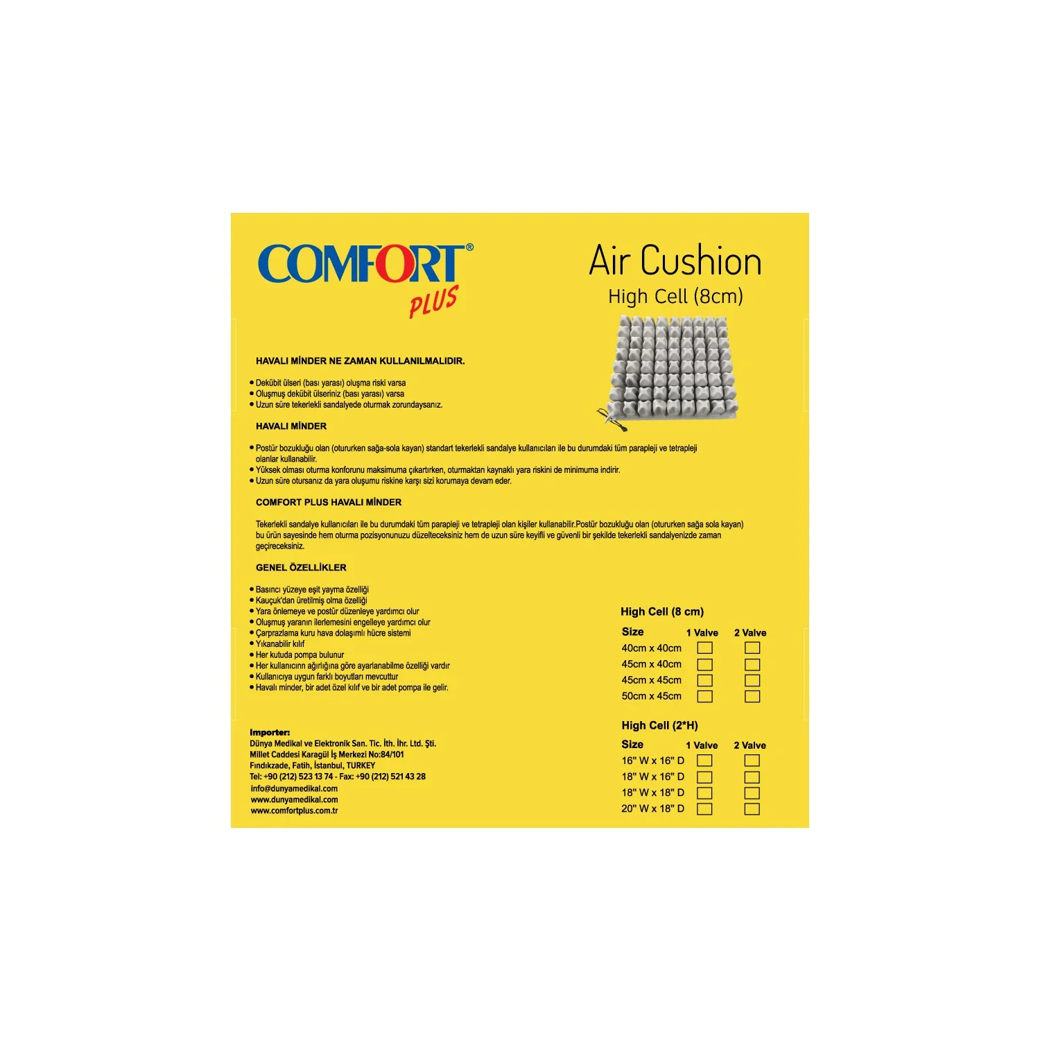 Comfort Plus DM-845 Havalı Oturma Minderi 45x40x8 cm Geniş Orta Profil