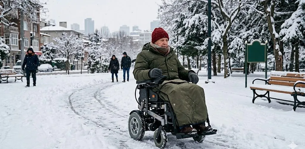 Kışın akülü tekerlekli sandalye
